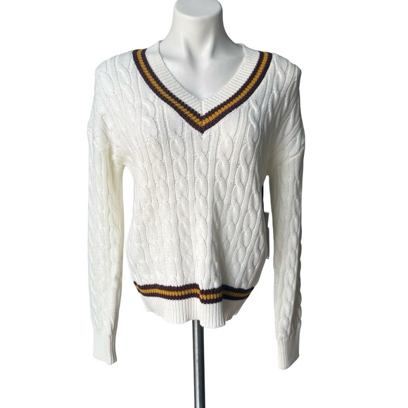 1. State Sweaters - NWT, 1. State White Cable Knit V Neck Preppy Tennis Academia Sweater, Sz XS